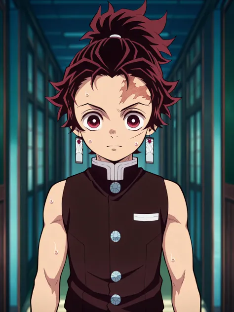 tanjirou_kamado, red hair, red eyes, short hair, scar, facial scar, forehead scar, ponytail,tanjirou_kamado, red hair, red eyes, short hair, scar, facial scar, forehead scar, ponytail, Anime style, High resolution, Masterpiece, Best quality, High quality i...