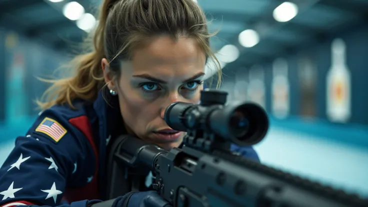 highdefinition images、An image of a woman representing the United States in shooting at the Olympics shooting face down and aiming for the target with a rifle、