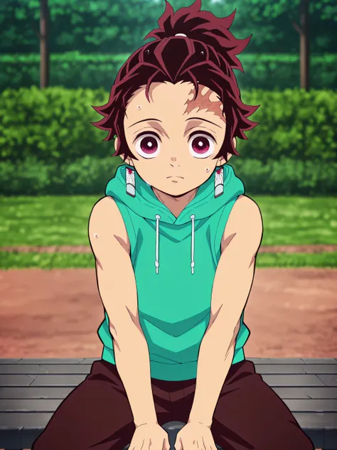 tanjirou_kamado, red hair, red eyes, short hair, scar, facial scar, forehead scar, ponytail,tanjirou_kamado, red hair, red eyes, short hair, scar, facial scar, forehead scar, ponytail, Anime style, High resolution, Masterpiece, Best quality, High quality i...