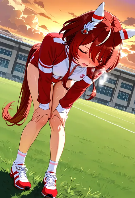 1girl, solo, after running, standing on green grass, face down, looking down, knees together, hands on knees, bent over, lean forward, closed eyes, open mouth, blushing, heavy breathing, steaming body, sweat, dynamic angle,

BREAK（主題）
Win Variation \(umamu...