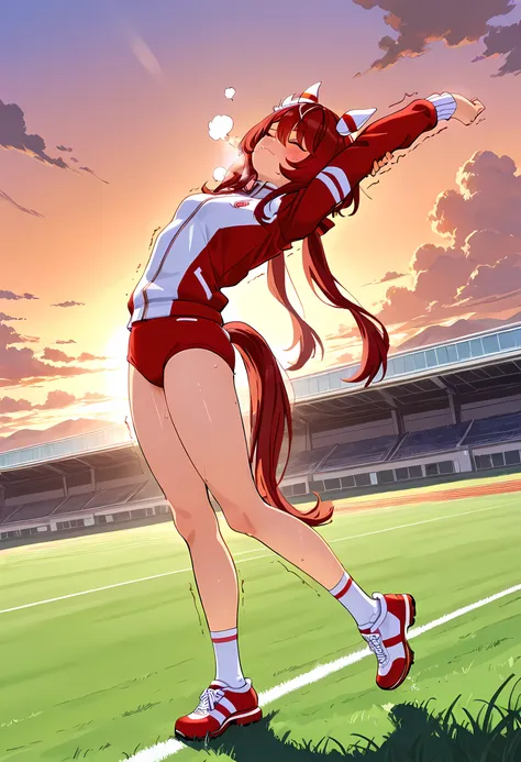 1girl, solo, after running, standing on green grass, stretching, slightly arched back, arms above head, closed eyes, closed mouth, wavy mouth, blushing, breathing, steaming body, sweat, trembling, dynamic angle,

BREAK（主題）
Win Variation \(umamusume\), hors...