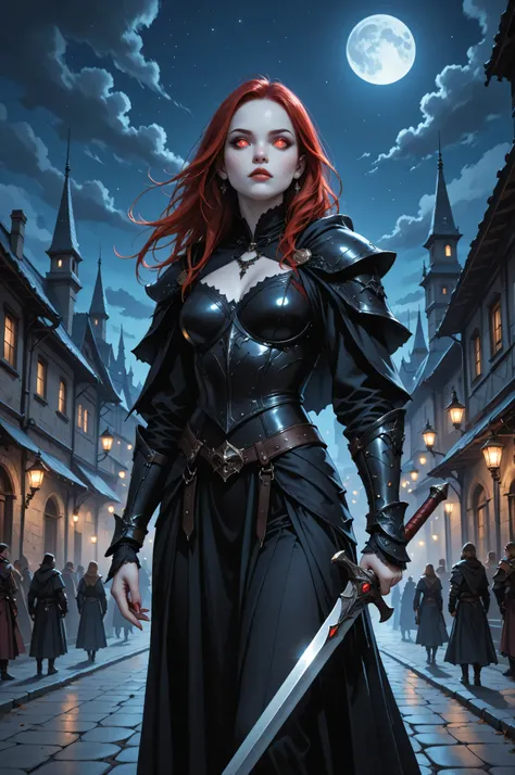 commix style,fantasy,dungeon and dragon ,GlowingRunesAI_green,FairyTaleAI, dark fantasy art, gothic art, a picture of a vampire ready for battle, female vampire, wearing heavy armor, armed with a sword, shining sword, ultra detailed face, pale skin, glowin...