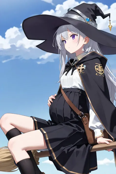 (Best quality, 4k, 8k, high resolution, masterpiece:1.2), ultra detailed, intricate details,
beautiful girl, alone, silver-gray long hair, purple eyes, gentle expression,
wearing a classic fantasy witch outfit,
(large black witch hat with gold emblem and l...