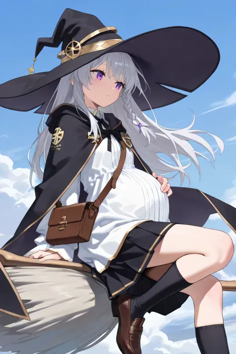 (Best quality, 4k, 8k, high resolution, masterpiece:1.2), ultra detailed, intricate details,
beautiful girl, alone, silver-gray long hair, purple eyes, gentle expression,
wearing a classic fantasy witch outfit,
(large black witch hat with gold emblem and l...