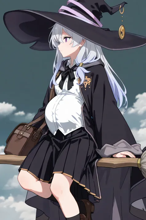 (Best quality, 4k, 8k, high resolution, masterpiece:1.2), ultra detailed, intricate details,
beautiful girl, alone, silver-gray long hair, purple eyes, gentle expression,
wearing a classic fantasy witch outfit,
(large black witch hat with gold emblem and l...