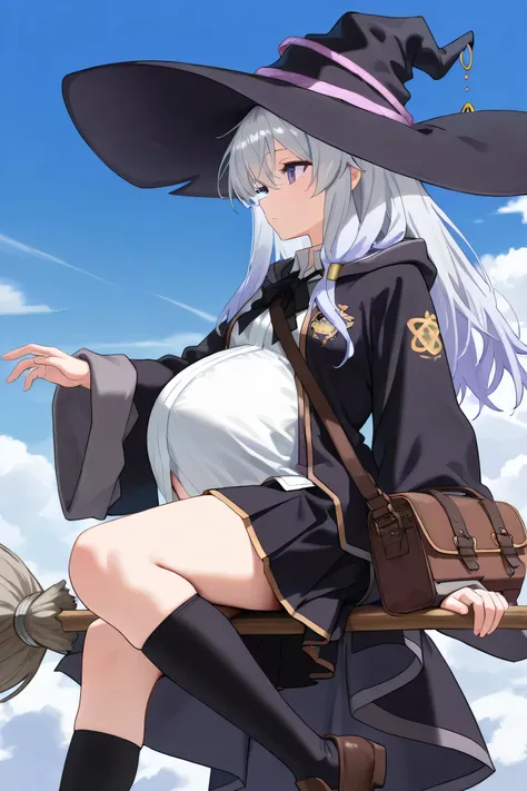 (Best quality, 4k, 8k, high resolution, masterpiece:1.2), ultra detailed, intricate details,
beautiful girl, alone, silver-gray long hair, purple eyes, gentle expression,
wearing a classic fantasy witch outfit,
(large black witch hat with gold emblem and l...