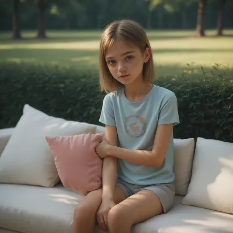 1 Girl、Model girl wearing a pillow、Reach forward and lean forward at the park,people sitting down 、Look at the audience,(Smile Yang:0.5), (younger:1.2),(skinny:1.3),japanese,medium bust