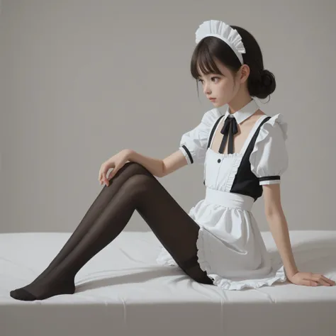 1 Girl、maids、(Smile Yang:0.3)、is looking here,sitting、 Thin tights 、From the side、open both legs,(younger:1.5),(skinny:1.1),japanese