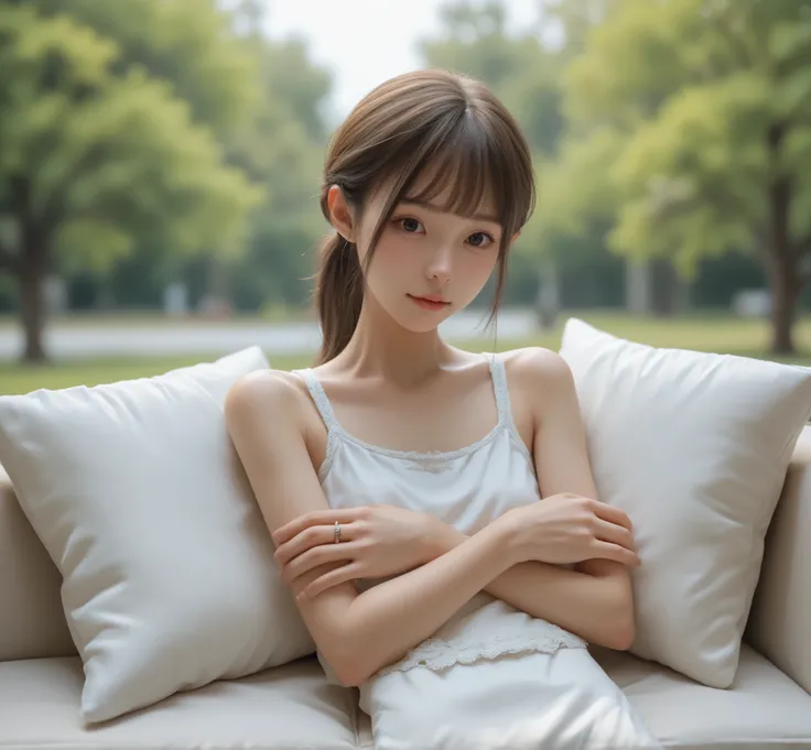 1 Girl、Model girl wearing a pillow、Reach forward and lean forward at the park,people sitting down 、Look at the audience,(Smile Yang:0.5), (younger:1.2),(skinny:1.3),japanese,medium bust