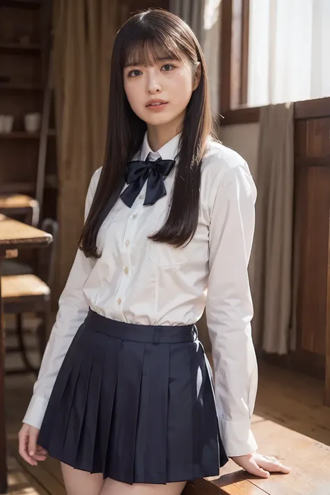 Japanese high school girl,(uniform:1.3),gravure pose,cowboy shot,(beautiful lighting), (RAW photo), (photo-realistic:1.4), (high resolution), masterpiece, (8k ultra-detailed),
