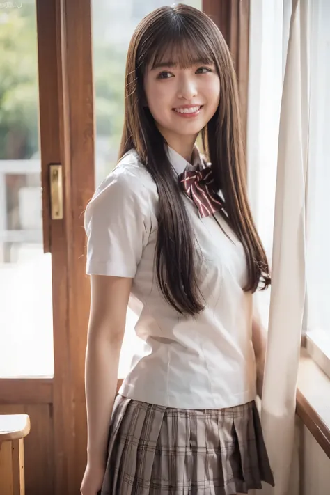 Japanese high school girl,(uniform:1.3),gravure pose,cowboy shot,(Smile Yan:1.2),(beautiful lighting), (RAW photo), (photo-realistic:1.4), (high resolution), masterpiece, (8k ultra-detailed),