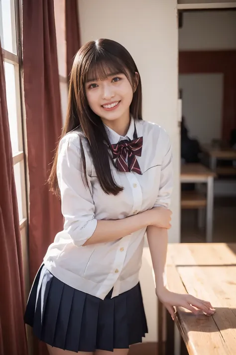Japanese high school girl,(uniform:1.3),gravure pose,cowboy shot,(Smile Yan:1.2),(beautiful lighting), (RAW photo), (photo-realistic:1.4), (high resolution), masterpiece, (8k ultra-detailed),