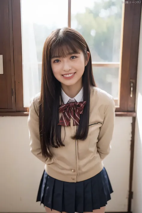 Japanese high school girl,(uniform:1.3),gravure pose,cowboy shot,(Smile Yan:1.2),(beautiful lighting), (RAW photo), (photo-realistic:1.4), (high resolution), masterpiece, (8k ultra-detailed),