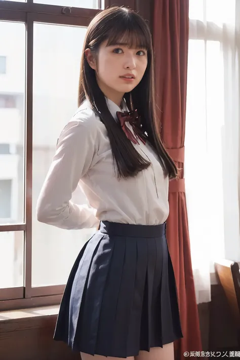 Japanese high school girl,(Japanese High School Uniforms:1.3),gravure pose,cowboy shot,(beautiful lighting), (RAW photo), (photo-realistic:1.4), (high resolution), masterpiece, (8k ultra-detailed),