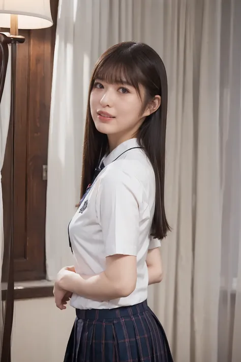 Japanese high school girl,(uniform:1.3),gravure pose,cowboy shot,(beautiful lighting), (RAW photo), (photo-realistic:1.4), (high resolution), masterpiece, (8k ultra-detailed),