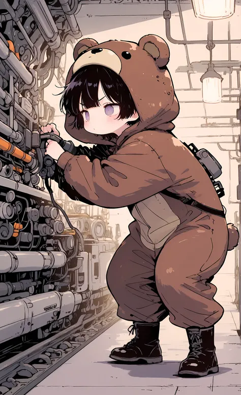 Kuma, masterpiece, best quality, ultra-detailed:1.3, male, 1boy, solo, short black hair, lavender eyes, wearing brown bear onesie, bear hood, black boots, working on automobile assembly line, assembling car parts on conveyor belt, large factory hall with v...