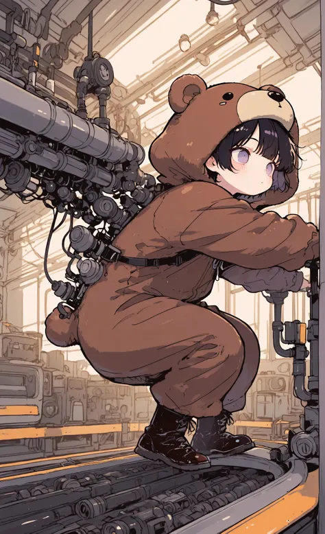 Kuma, masterpiece, best quality, ultra-detailed:1.3, male, 1boy, solo, short black hair, lavender eyes, wearing brown bear onesie, bear hood, black boots, working on automobile assembly line, assembling car parts on conveyor belt, large factory hall with v...