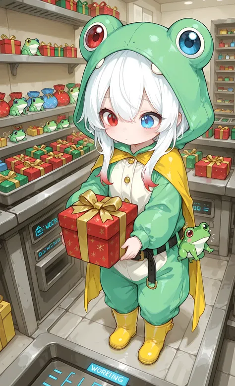Melys Chibi, masterpiece, best quality, ultra-detailed:1.3, chibi style, 1girl, solo, pure white hair with soft gradient red tips, heterochromia crimson red right eye:1.3 and ice blue left eye:1.3, fair skin, wearing bright green frog onesie with yellow ca...
