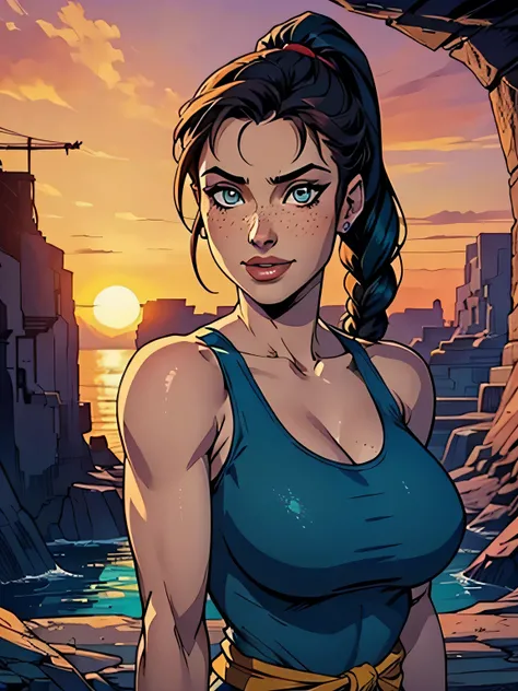 Melhor qualidade, obra de arte, (realista: 1.2) Close of a thin and athletic woman (Lara Croft), 25 anos, 16k (( high definition )), sorriso suspirante, olhar sedutor ((looking at the viewer)), olhos castanhos, wearing tight teal blue tank top ((decotes em...