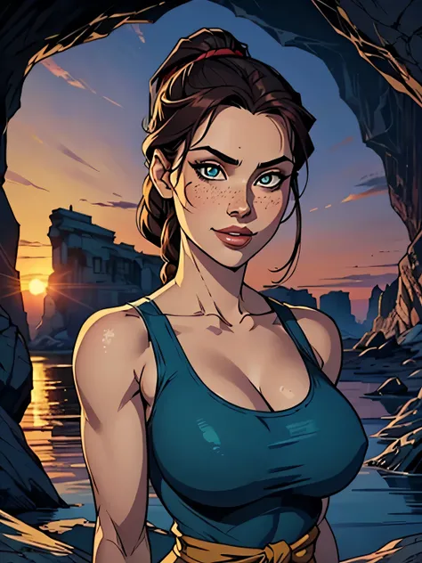 Melhor qualidade, obra de arte, (realista: 1.2) Close of a thin and athletic woman (Lara Croft), 25 anos, 16k (( high definition )), sorriso suspirante, olhar sedutor ((looking at the viewer)), olhos castanhos, wearing tight teal blue tank top ((decotes em...