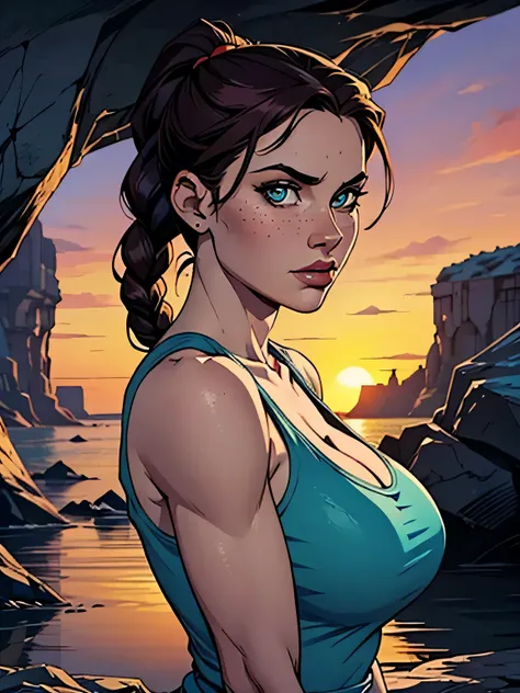 Melhor qualidade, obra de arte, (realista: 1.2) Close of a thin and athletic woman (Lara Croft), 25 anos, 16k (( high definition )), sighing look, olhar sedutor ((looking at the viewer)), olhos castanhos, wearing tight teal blue tank top ((decotes em V, s...