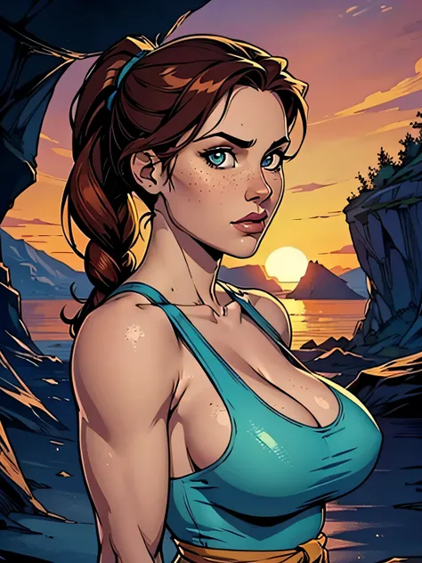 Melhor qualidade, obra de arte, (realista: 1.2) Close of a thin and athletic woman (Lara Croft), 25 anos, 16k (( high definition )), sighing look, olhar sedutor ((looking at the viewer)), olhos castanhos, wearing tight teal blue tank top ((decotes em V, s...