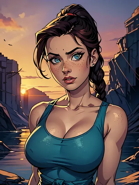 Melhor qualidade, obra de arte, (realista: 1.2) Close of a thin and athletic woman (Lara Croft), 25 anos, 16k (( high definition )), semblante pensativo, olhar sedutor ((looking at the viewer)), olhos castanhos, wearing tight teal blue tank top ((decotes e...