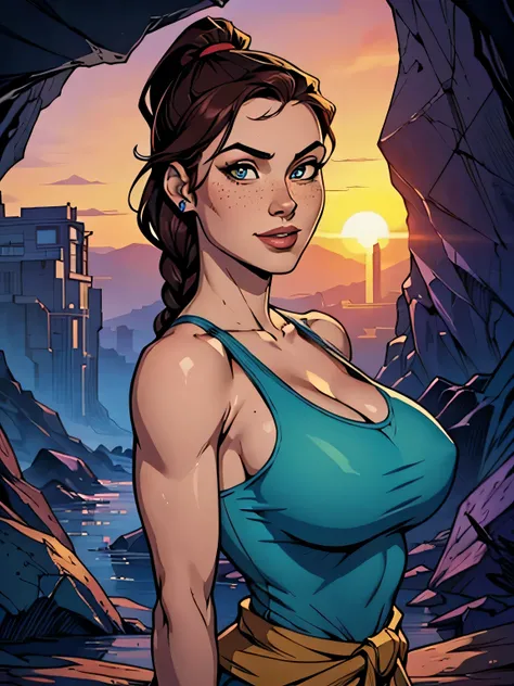Melhor qualidade, obra de arte, (realista: 1.2) Close of a thin and athletic woman (Lara Croft), 25 anos, 16k (( high definition )), sorriso suspirante, olhar sedutor ((looking at the viewer)), olhos castanhos, wearing tight teal blue tank top ((decotes em...