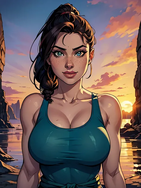 Melhor qualidade, obra de arte, (realista: 1.2) Close of a thin and athletic woman (Lara Croft), 25 anos, 16k (( high definition )), sorriso suspirante, olhar sedutor ((looking at the viewer)), olhos castanhos, wearing tight teal blue tank top ((decotes em...