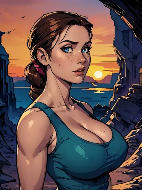 Melhor qualidade, obra de arte, (realista: 1.2) Close of a thin and athletic woman (Lara Croft), 25 anos, 16k (( high definition )), semblante pensativo, olhar sedutor ((looking at the viewer)), olhos castanhos, wearing tight teal blue tank top ((decotes e...