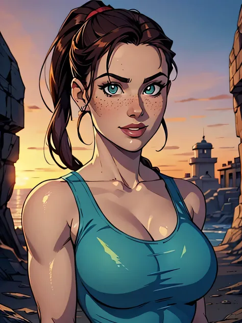 Melhor qualidade, obra de arte, (realista: 1.2) Close of a thin and athletic woman (Lara Croft), 25 anos, 16k (( high definition )), sorriso suspirante, olhar sedutor ((looking at the viewer)), olhos castanhos, wearing tight teal blue tank top ((decotes em...