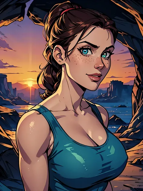 Melhor qualidade, obra de arte, (realista: 1.2) Close to a thin and athletic woman (Lara Croft), 25 anos, 16k (( high definition )), sorriso suspirante, olhar sedutor ((looking at the viewer)), olhos castanhos, wearing tight teal blue blouse ((decotes em V...
