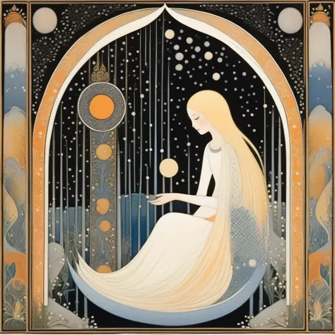 Kay Nielsen Style Page, Sun and Moon, Angel and white cat, gentle friendship, narrative poem, Hero's tale, tarot card style, artbook, Romantic, Decorative Border , decorate, decorate, decorate