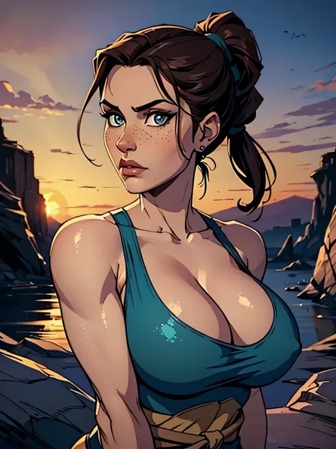 Melhor qualidade, obra de arte, (realista: 1.2) Close to a thin and athletic woman (Lara Croft), 25 anos, 16k (( high definition )), looking serious, olhar sedutor ((looking at the viewer)), olhos castanhos, wearing tight teal blue blouse ((decotes em V, ...