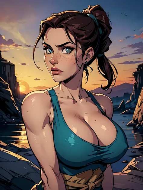 Melhor qualidade, obra de arte, (realista: 1.2) Close to a thin and athletic woman (Lara Croft), 25 anos, 16k (( high definition )), looking serious, olhar sedutor ((looking at the viewer)), olhos castanhos, wearing tight teal blue blouse ((decotes em V, ...