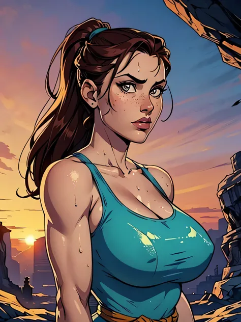 Melhor qualidade, obra de arte, (realista: 1.2) Close to a thin and athletic woman (Lara Croft), 25 anos, 16k (( high definition )), sighing look, olhar sedutor ((looking at the viewer)), olhos castanhos, wearing tight turquoise blue blouse ((decotes em V...