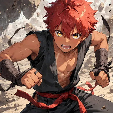 masterpiece, best quality, simple, 1male, young adult, male focus, tanned skin, spiky red hair, wild yellow eyes, tattered gi, wrapped fists, battle stance