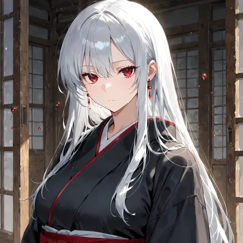 masterpiece, best quality, simple, 1female, adult, female focus, light skin, short silver hair, red eyes, black kimono, blood droplets, emotionless face