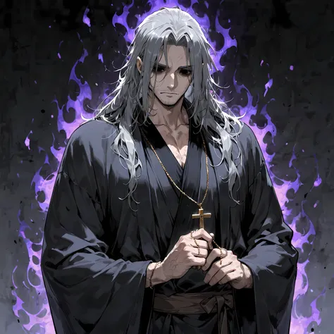 masterpiece, best quality, simple, 1male, adult, male focus, fair skin, long messy gray hair, hollow eyes, monk robes, holding rosary, dark aura