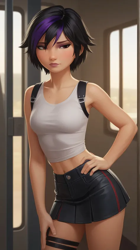 adult version of GoGo Tomago, That stands on a beautiful subway at sunset. warm golden light, that is reflected on the ocean. She has short black hair with purple highlights, woman with long hair、beautiful iris 、hohe Nase、 A photorealistic picture shows a ...