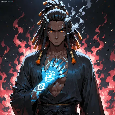 masterpiece, best quality, simple, 1male, adult, male focus, dark skin, long black dreadlocks, amber eyes, dark robe, glowing tattoos, ronin, smoke aura