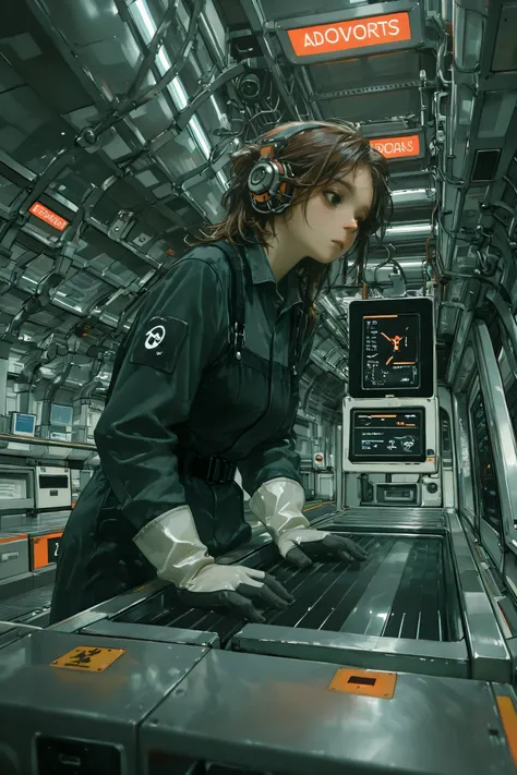 masterpiece, best quality, vibrant, very aesthetic, high contrast, A 22-year-old young woman working in a factory, (low angle shot:1.3),  (in front of the conveyor belt:1.4)、(Factory work clothes and gloves:1.3)、(Her gaze fixed on the conveyor belt:1.3), A...