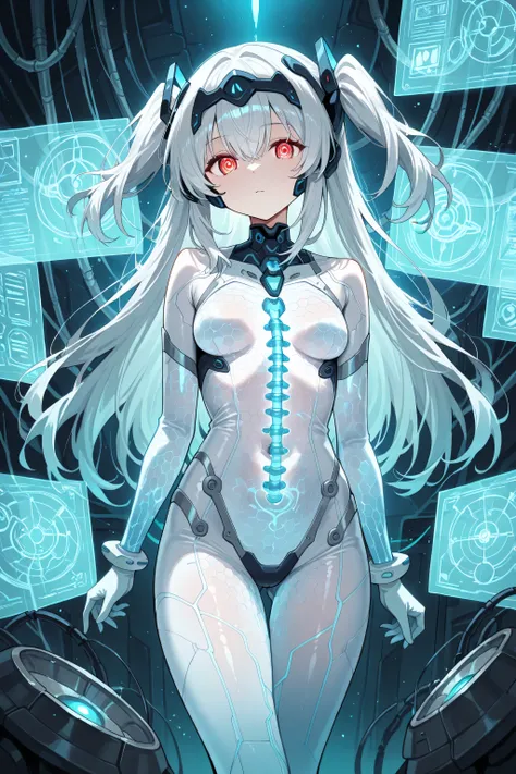 In a futuristic laboratory, a girl emerges from a glass bio-tube surrounded by holographic projections.
She wears a translucent biotech bodysuit patterned with hexagonal lines and ant-inspired motifs.
Platinum hair glows faintly red, strands floating weigh...
