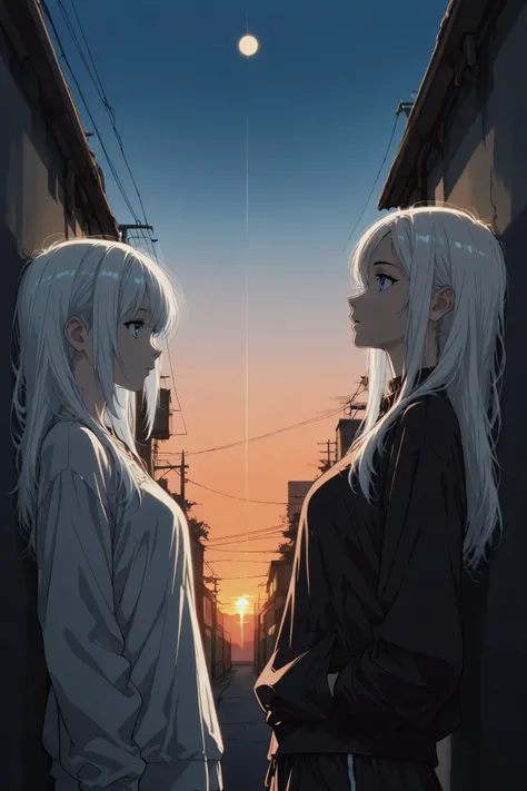 a teenage girl with long white hair and blue eyes, leaning a wall in alley between buildings. her silhouette outlined by fading sun, looking upside the sky. she wears street fashion. destopian atmosphere, vesper, dusk, twilight, evening, sunset, side view,...