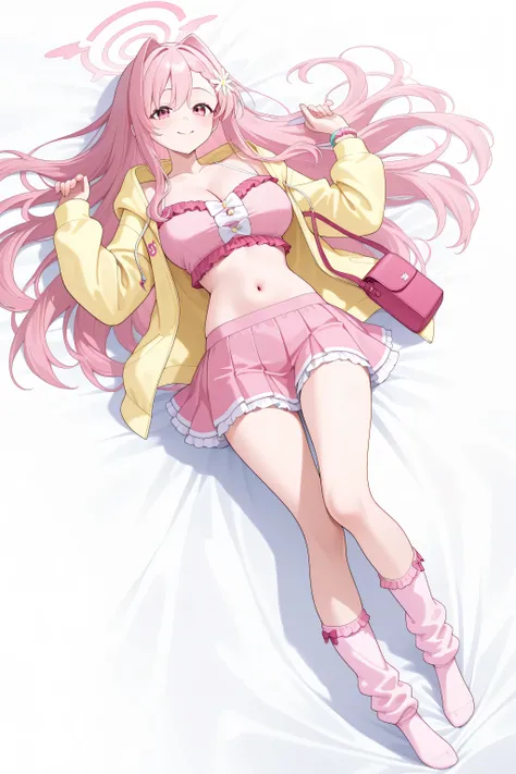 definition、1girl、1 girl、Ichinose Asuna(Blue Archive)、mkhekaren、pink eyes、long hair、pink hair, hair intakes、braid、hair flower、Adult,A perfect adult,girl clothes、Harajuku fashion、dream cute style、Sweet and playful、Pastel pink belly button top with cute logo ...
