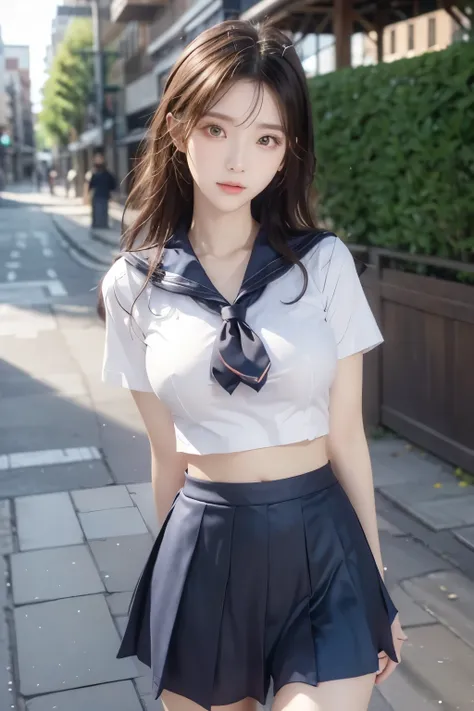 ( Super High Definition), (I'm looking over here), (school uniform:1.2, sailor suit, flared skirt), (Big Breasts:1.2), (Slimness:1.8), ( Read more:1.4), (thin thighs:1.4), ( thin hips:1.6), ( beautiful skin, shiny skin, white skin), (Super slim face, Sup...