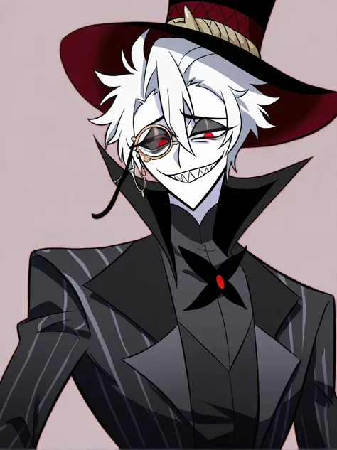 1 man, mature, solo, white hair, short hair, disheveled hair, white skin, red eyes, vertical pupils, sharp teeth, black top hat, black suit, rimless monocle on the left eye, large smile, elegant, evil smile, intimidating            