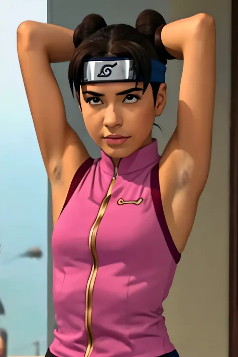 Tenten,human woman with fair skin and slight tan.with brown eyes and pink clothing. Her hair is long and brown in color; She is beautiful. Fair skin.Tsundere face. Pink eye shading,mature appearance,armpits,sweat,sweaty,sweaty armpits,arms up,showing armpi...
