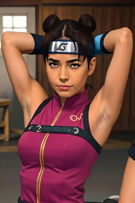 Tenten,human woman with fair skin and slight tan.with brown eyes and pink clothing. Her hair is long and brown in color; She is beautiful. Fair skin.Tsundere face. Pink eye shading,mature appearance,armpits,sweat,sweaty,sweaty armpits,arms up,showing armpi...