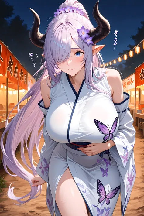 yktNmya, horns, pointy ears, lavender hair, very long hair, ponytail, blue eyes, hair over one eye, hair flower, white yukata, sash, detached sleeves, butterfly print, huge breasts, close up stomach, gurgle sfx, growl sfx, sound effect onomatopoeia,
gene...